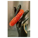 Vintage Cinnabar Dragon Bangle - Carved Red Lacquer Bracelet