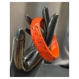 Vintage Cinnabar Dragon Bangle - Carved Red Lacquer Bracelet