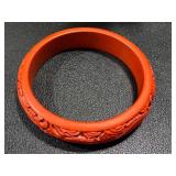 Vintage Cinnabar Dragon Bangle - Carved Red Lacquer Bracelet