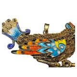 Vintage Enamel Bird Pendant Charm - Gold-Tone Filigree