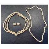 Faux Pearl Jewelry Set: Triple Strand 16-inch Necklace, 24-inch Single Strand, Earrings