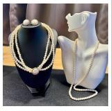 Faux Pearl Jewelry Set: Triple Strand 16-inch Necklace, 24-inch Single Strand, Earrings