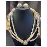 Faux Pearl Jewelry Set: Triple Strand 16-inch Necklace, 24-inch Single Strand, Earrings
