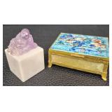 Amethyst Buddha on Marble Base & Brass Enamel Trinket Box With Celadon Jade Insert