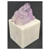 Amethyst Buddha on Marble Base & Brass Enamel Trinket Box With Celadon Jade Insert