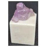 Amethyst Buddha on Marble Base & Brass Enamel Trinket Box With Celadon Jade Insert