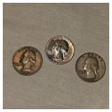 3-Silver Washington Quarters 25c, 90%