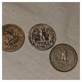 3-Silver Washington Quarters 25c, 90%