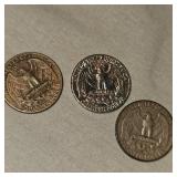 3-Silver Washington Quarters 25c, 90%