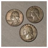 3-Silver Washington Quarters 25c, 90%