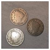 Lot of 3 V Nickels, 1905,09,11