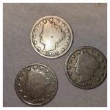Lot of 3 V Nickels, 1905,09,11