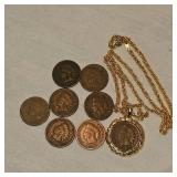 8 Indian Head Pennies, One in Very Nice Gold Necklace
