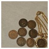 8 Indian Head Pennies, One in Very Nice Gold Necklace