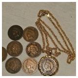 8 Indian Head Pennies, One in Very Nice Gold Necklace