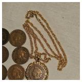 8 Indian Head Pennies, One in Very Nice Gold Necklace