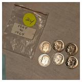 6 Silver Roosevelts 10c, 1948-1964