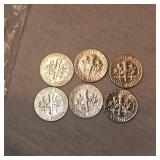 6 Silver Roosevelts 10c, 1948-1964