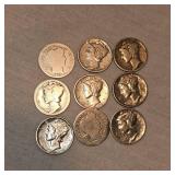 Lot of 9-1910-1944 Silver Dimes, Very Nice