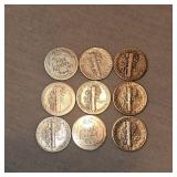 Lot of 9-1910-1944 Silver Dimes, Very Nice