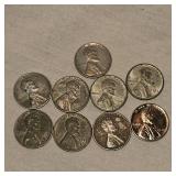 1943 Steel Wheatback Pennies 1c, Qty 9
