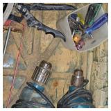 Makita 3/8" Drills, 6" Pad Ocillating Sander, Bench Grinder Head, and Misc