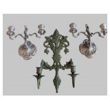 UL - Ornate Green Patina Wall Candle Sconces Set of 3 - Floral Leaf Motif, Rococo Style