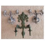UL - Ornate Green Patina Wall Candle Sconces Set of 3 - Floral Leaf Motif, Rococo Style