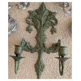 UL - Ornate Green Patina Wall Candle Sconces Set of 3 - Floral Leaf Motif, Rococo Style