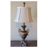UL - Antique Bronze Urn Table Lamp with Scroll Handles & Fabric Shade