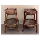 UL - Decorative Woven Basket Stand Pair - Two-Tier Wood Frames with Baskets