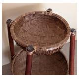UL - Decorative Woven Basket Stand Pair - Two-Tier Wood Frames with Baskets