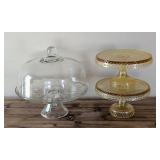 K - Glass Cake Plate Set - 3 Pieces, Largest 12 Inches, Clear Dome and Amber Tiered Stand