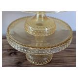 K - Glass Cake Plate Set - 3 Pieces, Largest 12 Inches, Clear Dome and Amber Tiered Stand