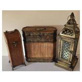 LR - Ornate Wood Boxes & Metal Lantern Candle Holder - 3-Piece Set