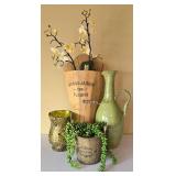 LR - Wood Jardiniere Vase Set - Grand Jardin des FLEURS w/ Faux Florals & Green Pitcher