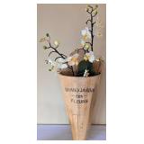 LR - Wood Jardiniere Vase Set - Grand Jardin des FLEURS w/ Faux Florals & Green Pitcher