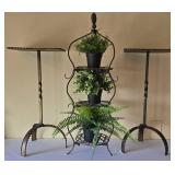 LR - Metal Plant Display Stand Set - 3-Tier Center & Pair Side Stands + 3 Faux Pots