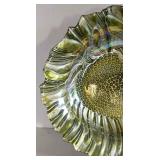 K - Iridescent Green Sunflower Pattern Glass Plate with Scalloped Rim