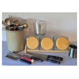 K - Canister Set on Wood Stand with Lids - 3 Canisters + Utensil Crock, Graters & Measuring Cups