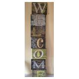 K - Carson Welcome Block Sign Lot with 2 Tin Wall Plaques, 35-inch Wooden Candleholder, 8-inch Flower Pot
