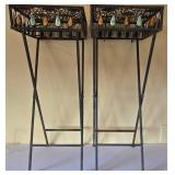 DR - Pair of Distressed Metal Plant Stands With Teardrop Stone Accents