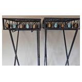 DR - Pair of Distressed Metal Plant Stands With Teardrop Stone Accents