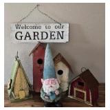 O - Vintage Wood & Tin Birdhouses, Largest 13 in Tall, Gnome & Sign