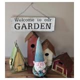 O - Vintage Wood & Tin Birdhouses, Largest 13 in Tall, Gnome & Sign