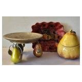 LR - Raymond Waites Ceramic Fruit Trio: Pear-Footed Pedestal Dish, Red Scalloped Bowl, Yellow Pear Jar