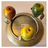 LR - Raymond Waites Ceramic Fruit Trio: Pear-Footed Pedestal Dish, Red Scalloped Bowl, Yellow Pear Jar