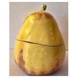 LR - Raymond Waites Ceramic Fruit Trio: Pear-Footed Pedestal Dish, Red Scalloped Bowl, Yellow Pear Jar