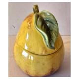 LR - Raymond Waites Ceramic Fruit Trio: Pear-Footed Pedestal Dish, Red Scalloped Bowl, Yellow Pear Jar