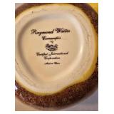 LR - Raymond Waites Ceramic Fruit Trio: Pear-Footed Pedestal Dish, Red Scalloped Bowl, Yellow Pear Jar